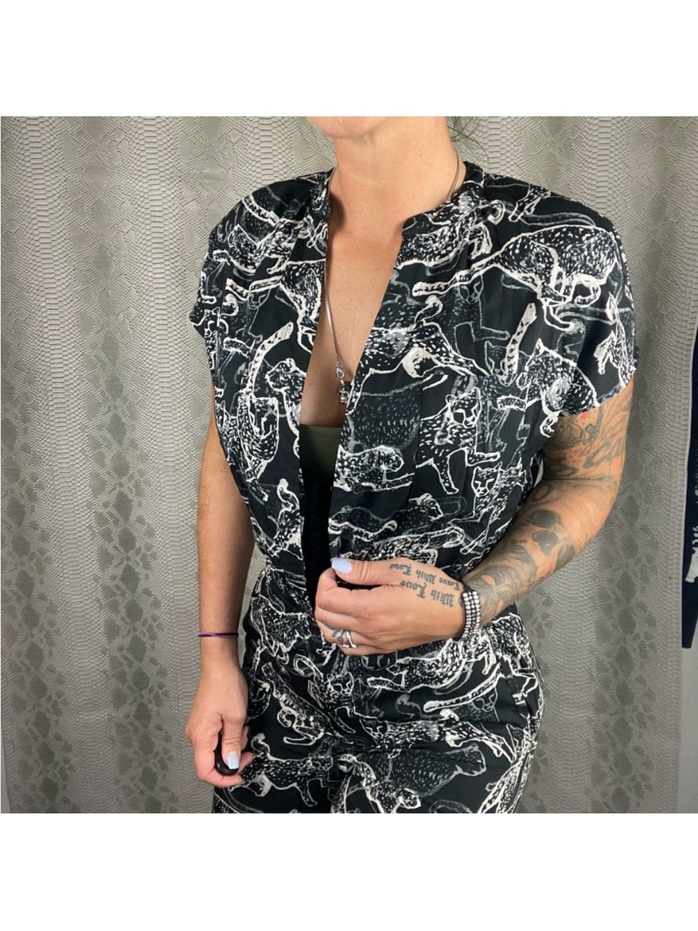 H&M cougar leopard black pant romper